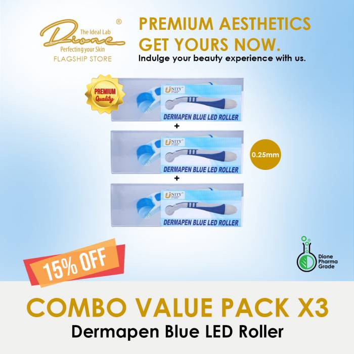 Dermapen Blue LED Roller, 0.25mm, 0.75mm, 1.00mm Combo value pack